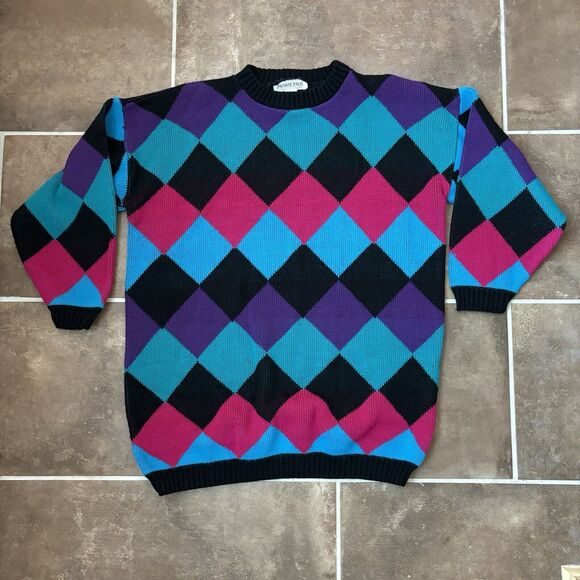 Vintage Sweater Diamond Pattern Pink Purple Teal Made In USA Private Eyes No Sz - Picture 1 of 4